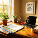 Une femme ouvre un agenda imprimable sur une table en bois, entourée de fiches de planification et d'un calendrier wall. Une scène de routine de planification mensuelle.
