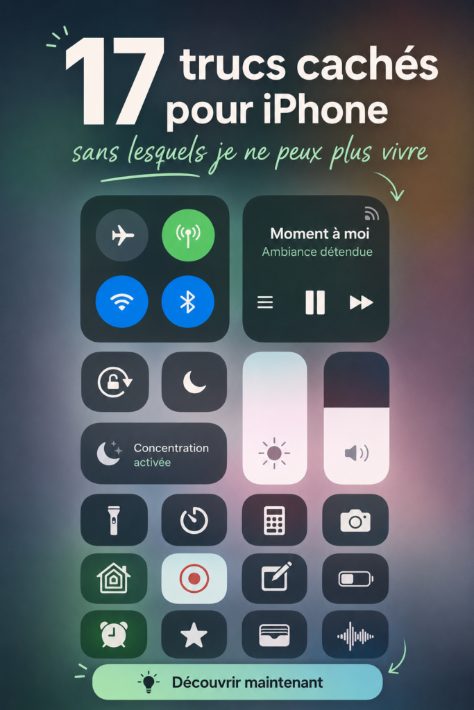 Un smartphone iPhone avec des icônes d'applications sur l'écran, illustrant des astuces cachées.