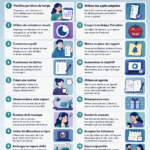 Femme en train de planifier sa journée, entourée d'outils de gestion du temps et de productivité.