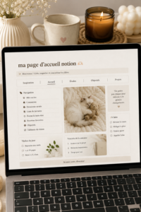 Exemple de page d'accueil personnalisée sur Notion avec des éléments d'organisation, tels qu'un calendrier et une liste de tâches.