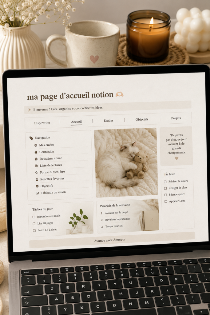 Exemple de page d'accueil personnalisée sur Notion avec des éléments d'organisation, tels qu'un calendrier et une liste de tâches.