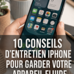 Une femme tenant son iPhone en train de vérifier les conseils de maintenance