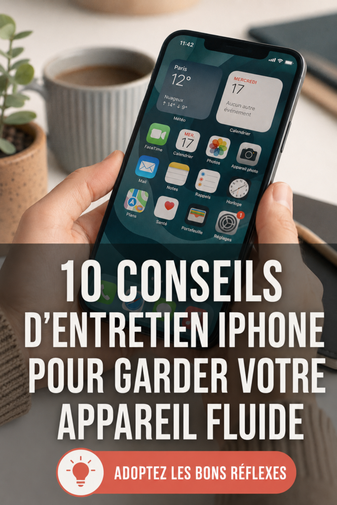 Une femme tenant son iPhone en train de vérifier les conseils de maintenance