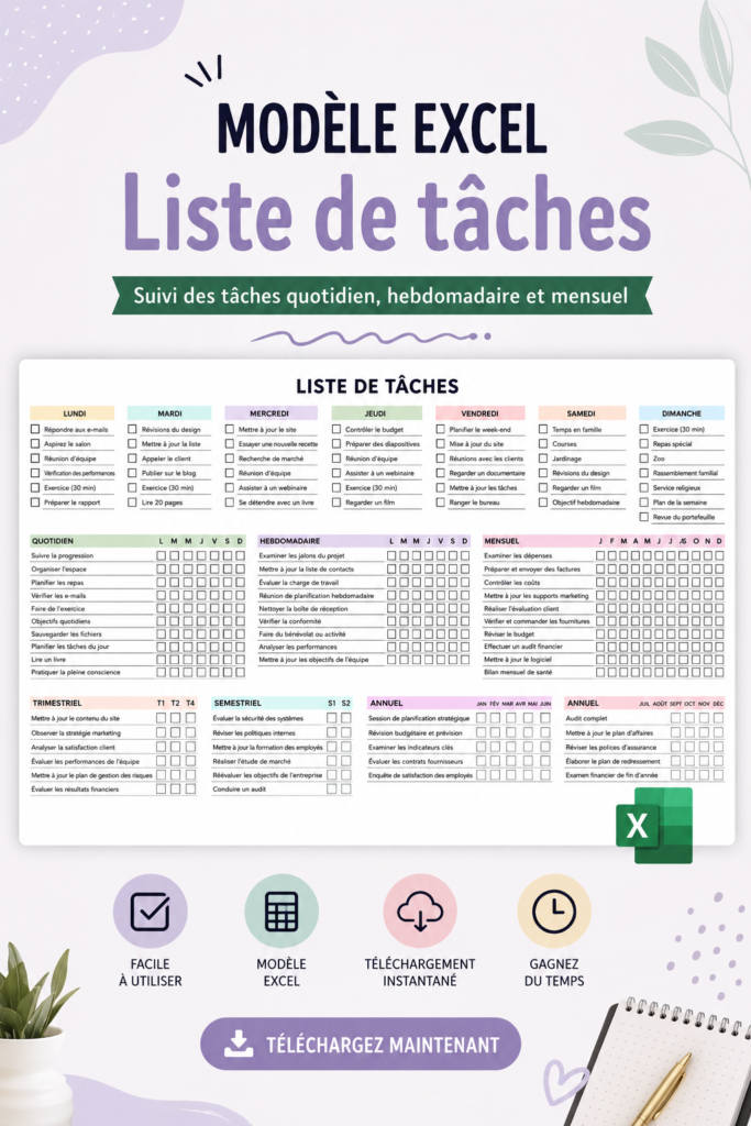 Un écran d'ordinateur affichant un modèle de liste de tâches sur Excel, avec des colonnes pour les tâches et les dates.