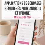 Femme utilisant une application de sondage rémunéré sur son téléphone dans un café.