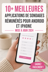 Femme utilisant une application de sondage rémunéré sur son téléphone dans un café.