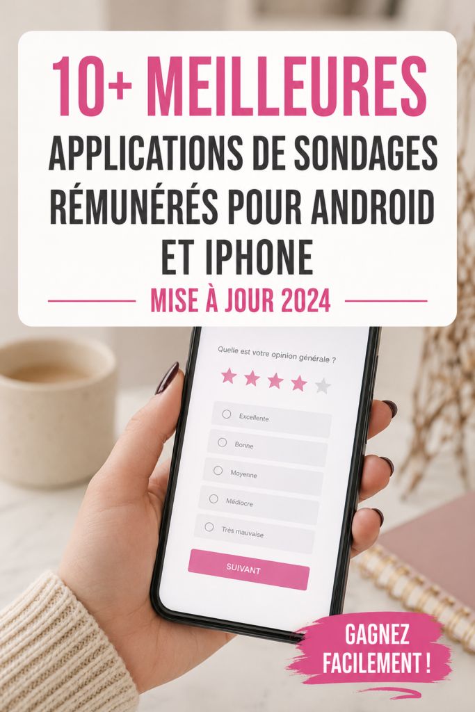 Femme utilisant une application de sondage rémunéré sur son téléphone dans un café.