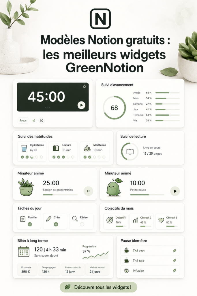 Exemple de modèles gratuits Notion avec des widgets variés pour une meilleure organisation quotidienne.