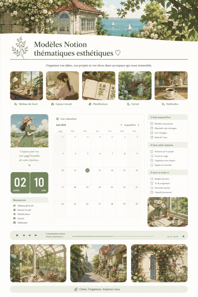 Modèle Notion esthétique avec une palette de couleurs pastel.