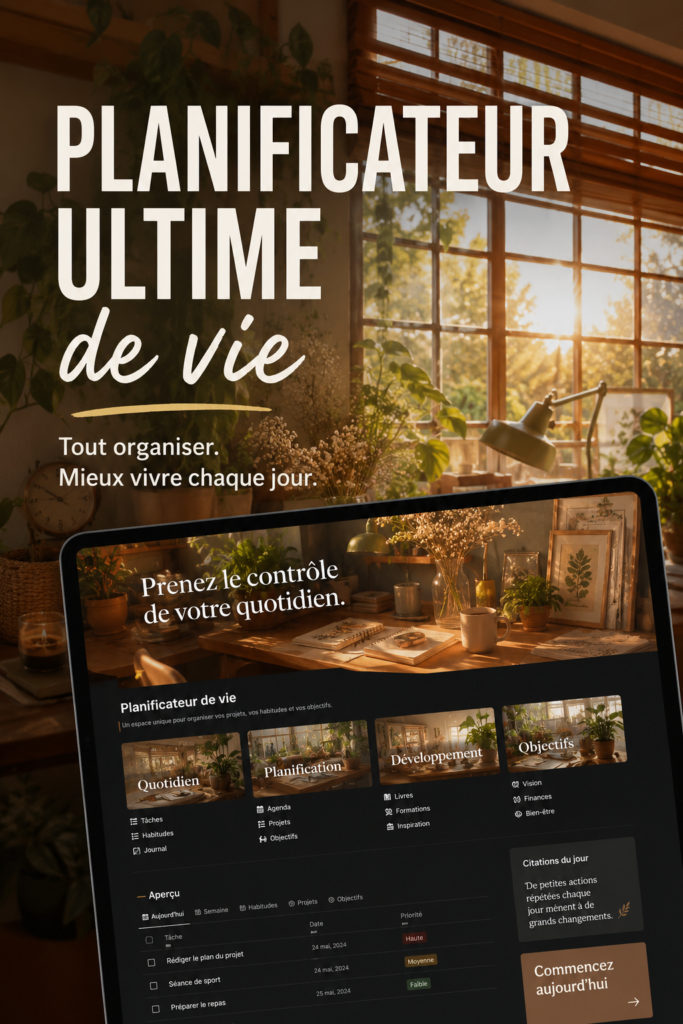 Capture de l'écran du planner Notion montrant des listes et des calendriers.