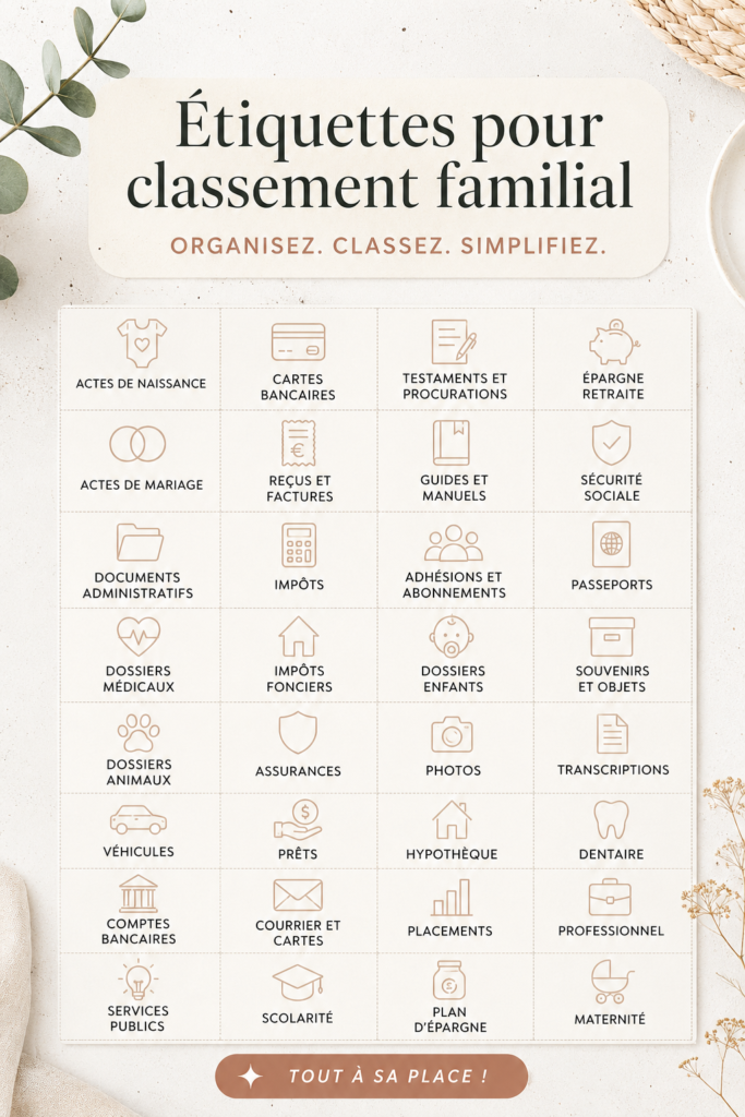 Bureau organisé avec des fichiers rangés et des étiquettes visibles, symbolisant l'organisation à la maison.