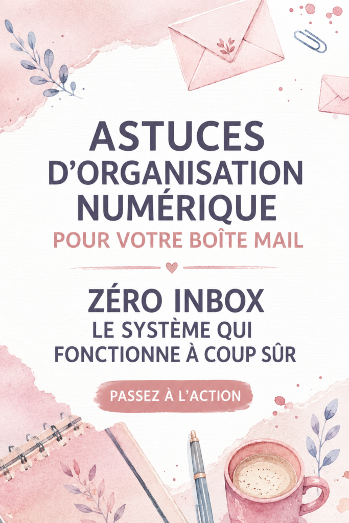 Femme assise à un bureau avec un ordinateur, souriant, tout en organisant ses emails.