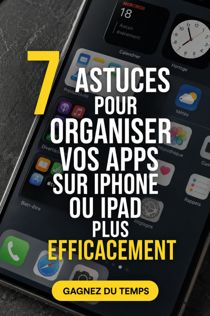 Exemple d'écran d'accueil iPhone bien organisé avec des dossiers d'applications.