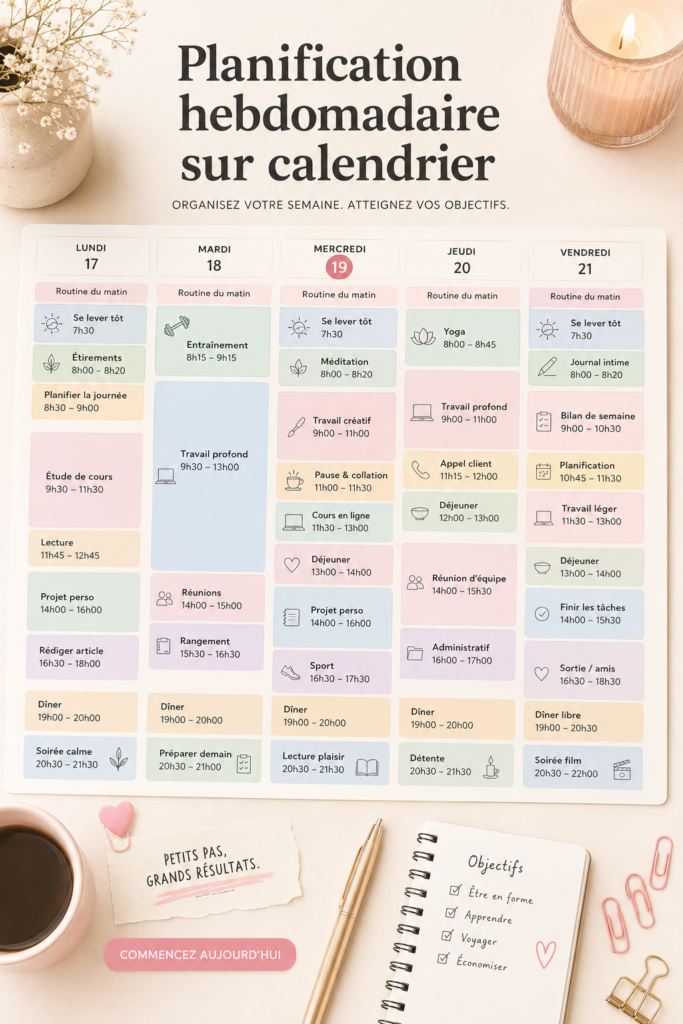 Capture d'écran de Google Calendar affichant une semaine bien organisée avec des événements planifiés.
