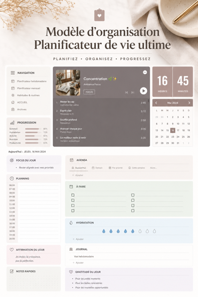 Un planner esthétique avec des designs colorés et inspirants sur une table en bois.
