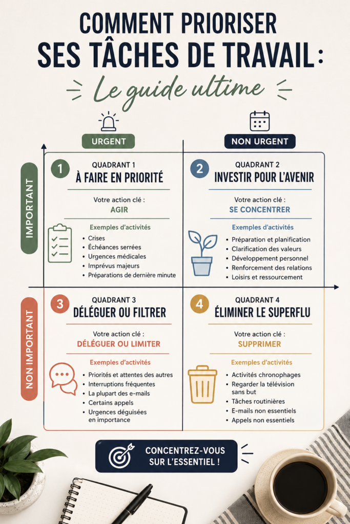 Femme travaillant sur un ordinateur avec un carnet de notes pour prioriser ses tâches.