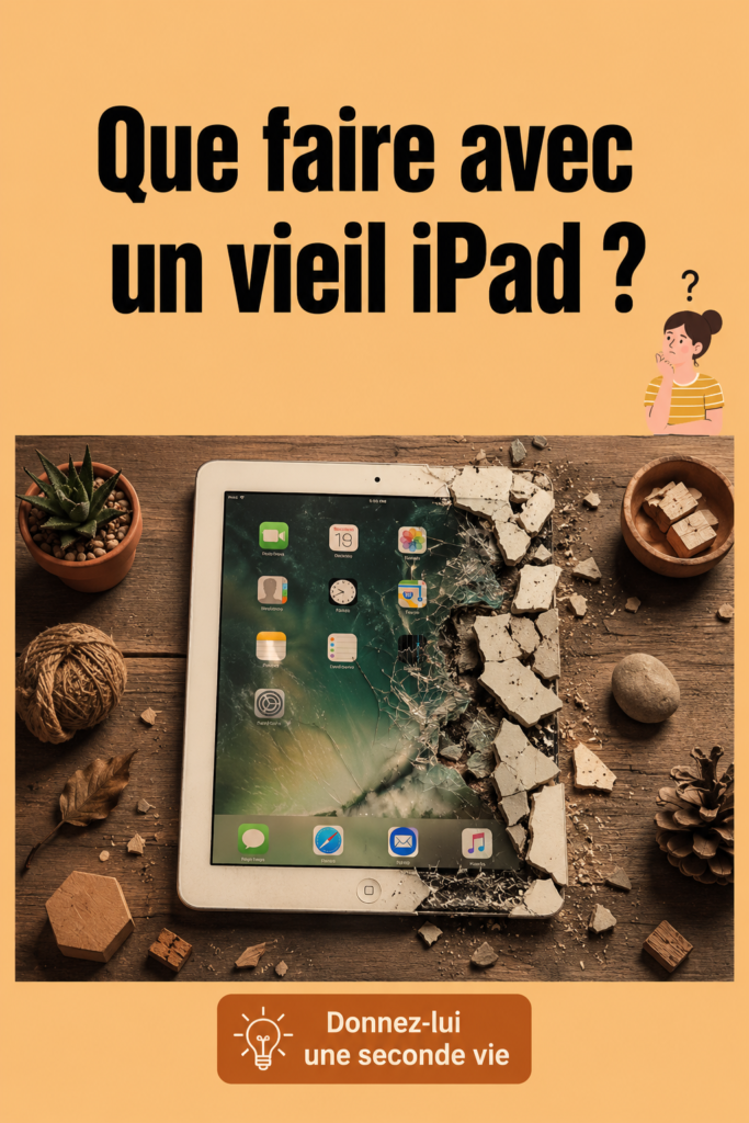 Un ancien iPad posé sur une table, avec des idées de réutilisation autour.