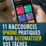 Capture d'écran d'un iPhone avec plusieurs raccourcis affichés.