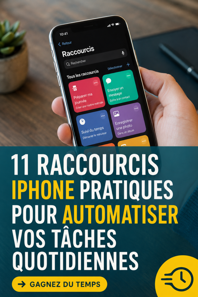 Capture d'écran d'un iPhone avec plusieurs raccourcis affichés.
