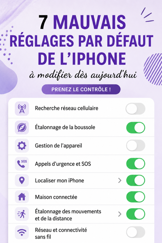Réglages d'un iPhone montrant les paramètres à ajuster pour améliorer l'utilisation.