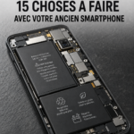 Un ancien smartphone sur une table avec des idées de réutilisation écrites autour.
