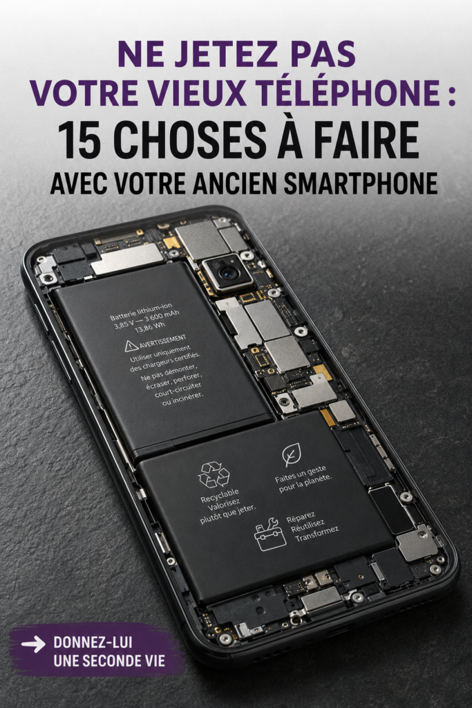 Un ancien smartphone sur une table avec des idées de réutilisation écrites autour.