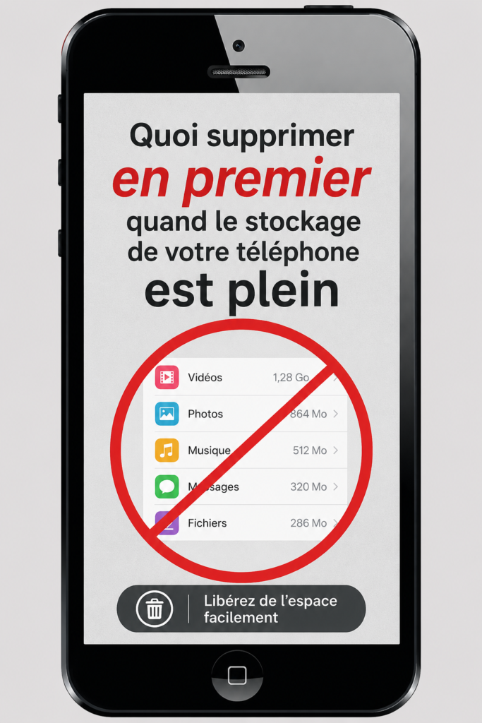 Un smartphone avec une notification de stockage plein.