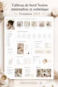 Un tableau de bord esthétique et minimaliste sur Notion, affichant des widgets et une mise en page organisée.