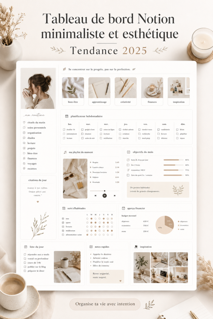 Un tableau de bord esthétique et minimaliste sur Notion, affichant des widgets et une mise en page organisée.