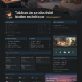Tableau de productivité esthétique créé avec Notion, mettant en avant les différentes sections et design élégant.