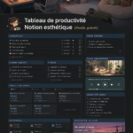 Tableau de productivité esthétique créé avec Notion, mettant en avant les différentes sections et design élégant.