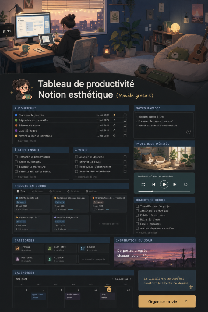 Tableau de productivité esthétique créé avec Notion, mettant en avant les différentes sections et design élégant.