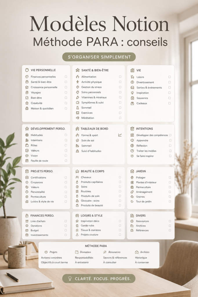 Capture d'écran d'un modèle Notion inspiré de la méthode PARA montrant des sections bien organisées.