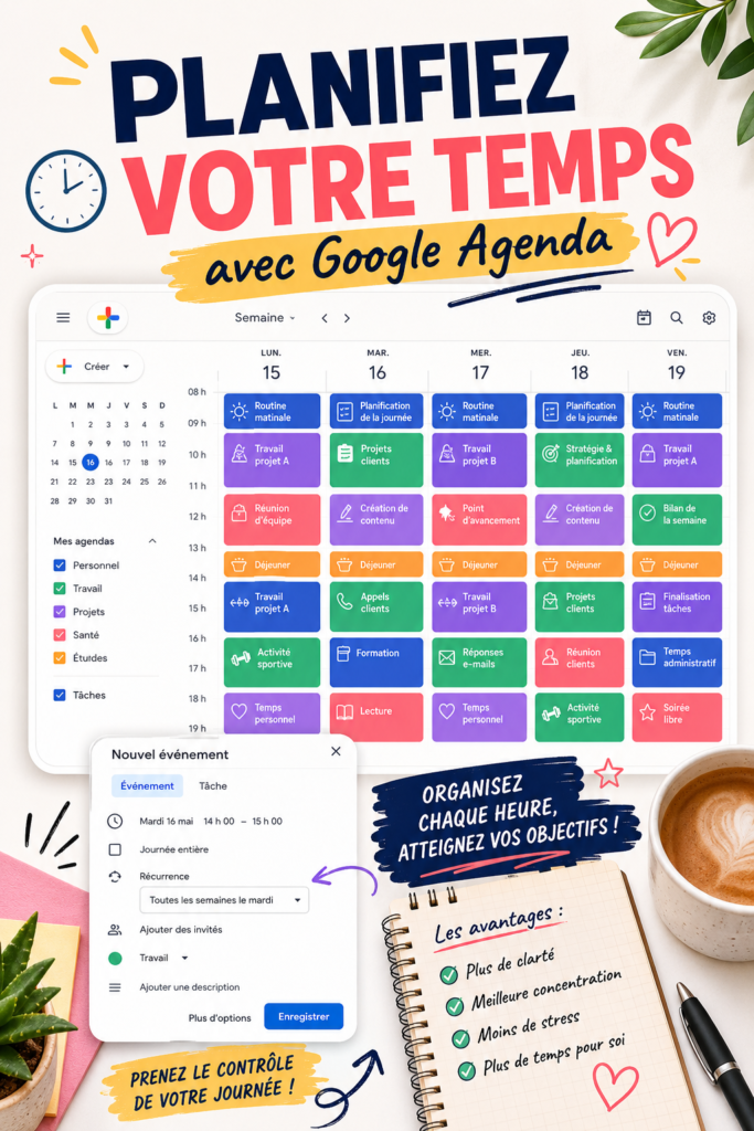 Femme utilisant Google Calendar pour planifier ses tâches, illustration du time blocking.