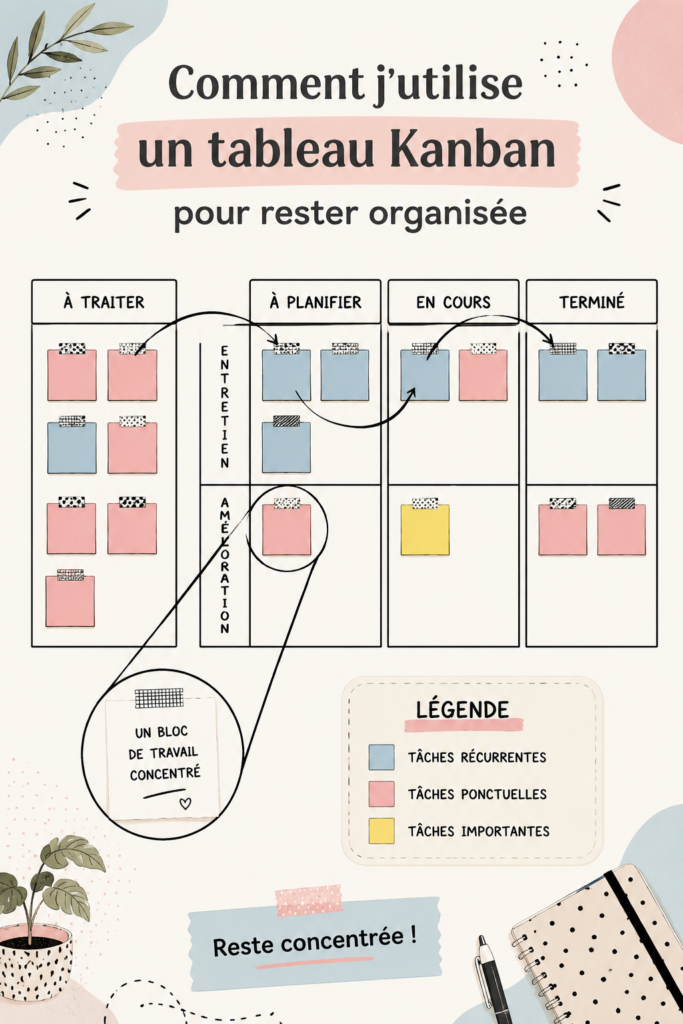 Un tableau Kanban coloré avec des cartes de tâches, illustrant une méthode d'organisation efficace.
