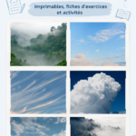 Illustration de différents types de nuages, incluant cumulus et cirrus.