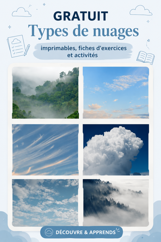 Illustration de différents types de nuages, incluant cumulus et cirrus.