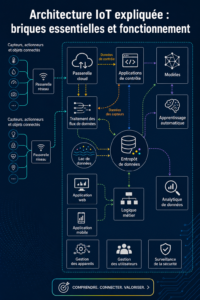 Illustration représentant l'architecture d'Internet des objets avec des appareils connectés.