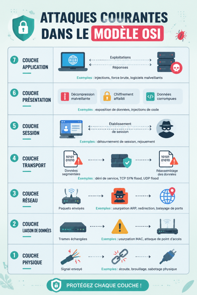 Illustration du modèle OSI avec ses différentes couches et des exemples d'attaques de sécurité