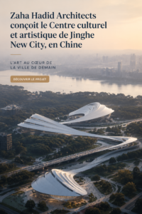 Vue d'ensemble du centre culturel de Jinghe conçu par Zaha Hadid, alliant modernité et art.