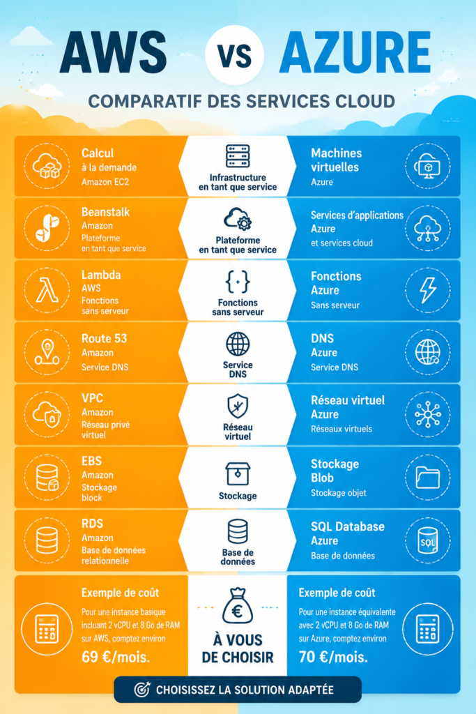 Illustration comparant AWS et Azure dans le monde du cloud computing.