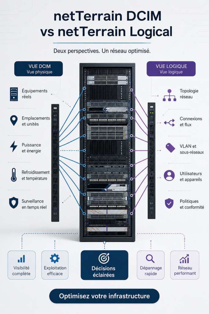 Comparaison des outils netTerrain DCIM et Logical pour la gestion des infrastructures IT.