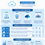 Illustration d'un concept d'informatique en nuage avec des icônes de cloud et des appareils connectés.