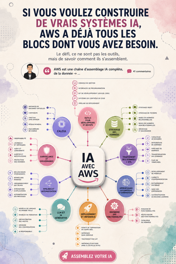 Une femme travaille sur un ordinateur avec des graphiques d'intelligence artificielle en arrière-plan.
