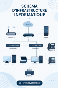 Diagramme d'infrastructure IT représentant différents composants connectés.