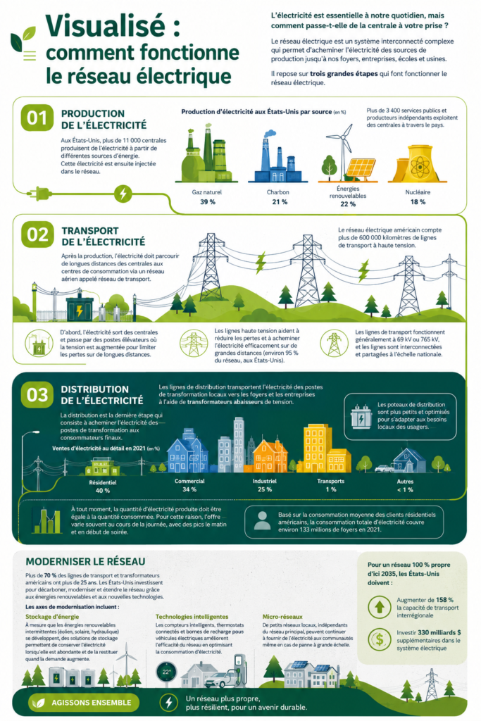 Image illustrant le fonctionnement du réseau électrique avec des centrales et des lignes électriques.