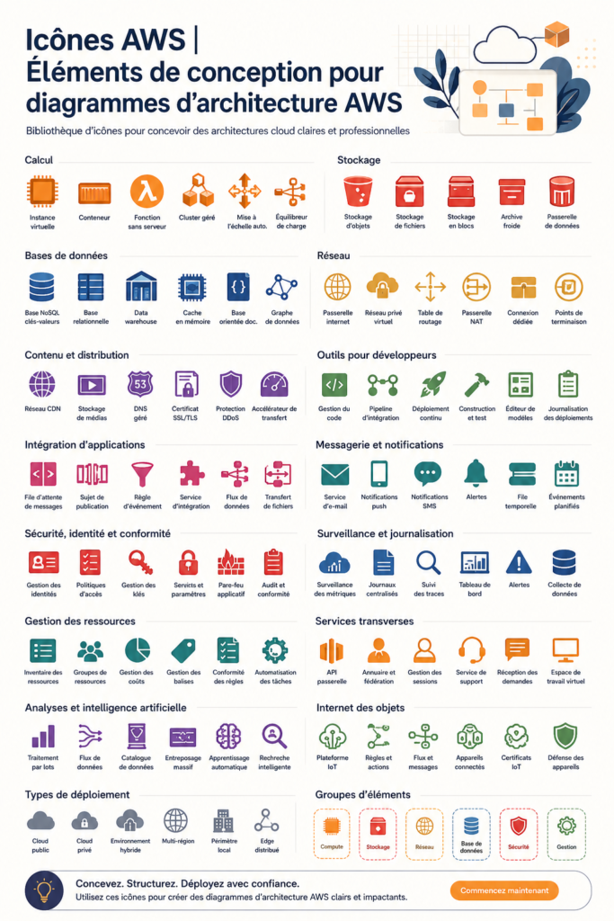 Diagramme d'architecture cloud utilisant des icônes AWS colorées.