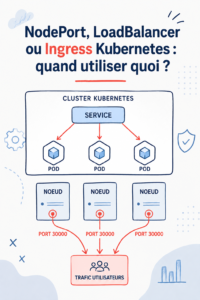 Un schéma illustrant NodePort, LoadBalancer et Ingress dans Kubernetes