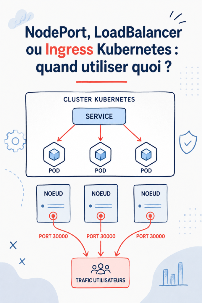 Un schéma illustrant NodePort, LoadBalancer et Ingress dans Kubernetes