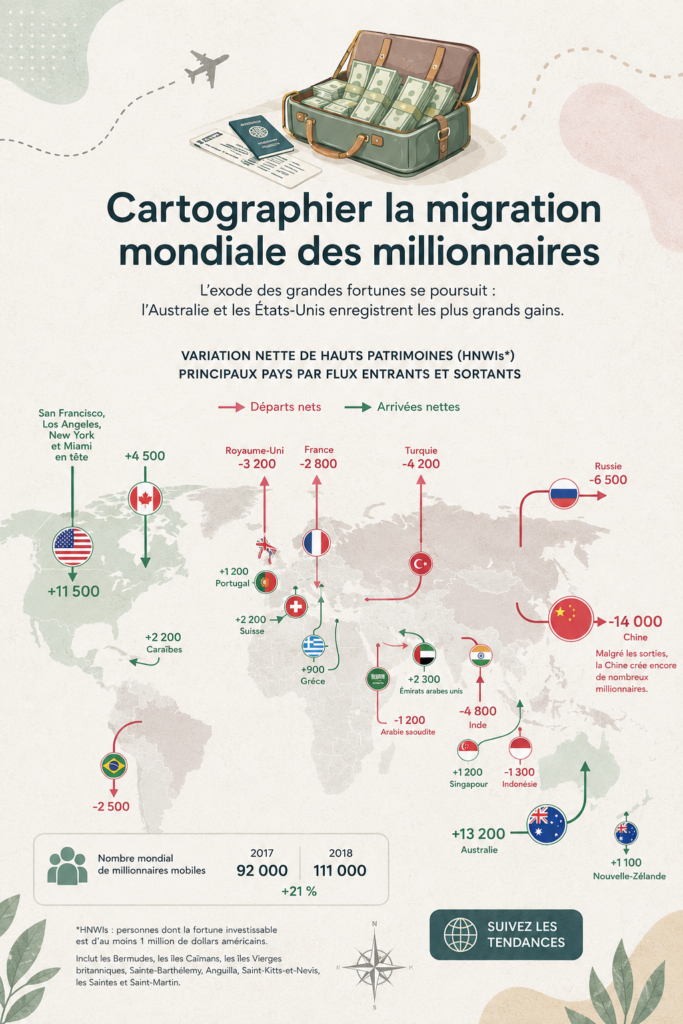 Carte montrant les destinations populaires pour les millionnaires à l'échelle mondiale
